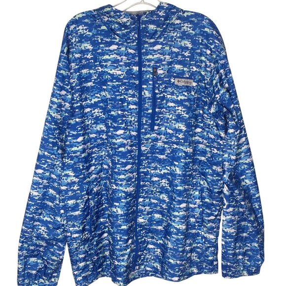 COLUMBIA BLUE LS WINDBREAKER MENS Sz M PFG ZIP UP JACKET HOODIE DIGITAL CAMO - Picture 1 of 15